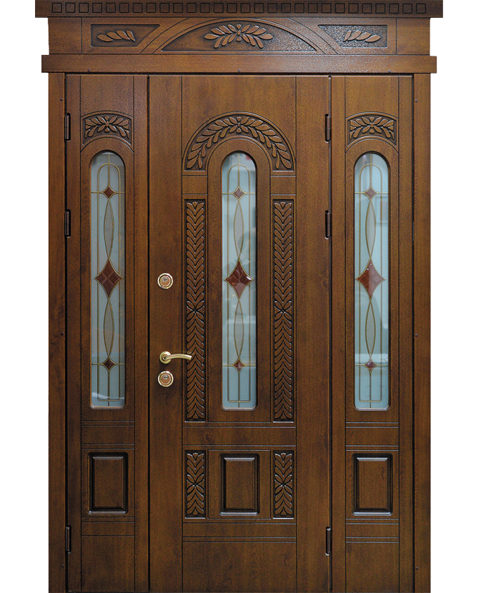 Дверь двустворчатая железная входная МДФ с ковкой/стеклом 3151