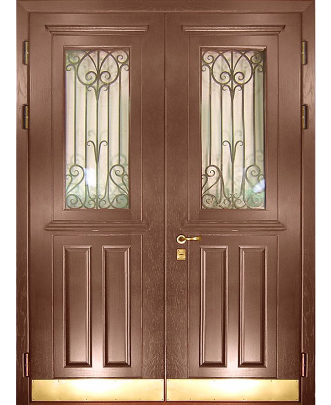 Железная двустворчатая дверь МДФ с ковкой/стеклом 3097