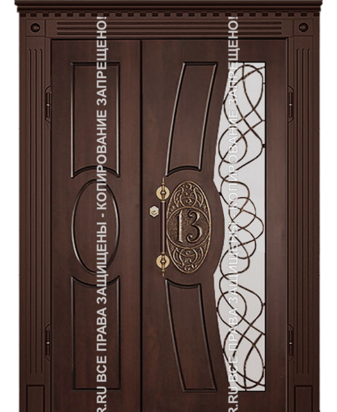 Дверь двустворчатая железная МДФ с ковкой/стеклом 3093 Дверь двустворчатая железная МДФ с ковкой/стеклом 3093